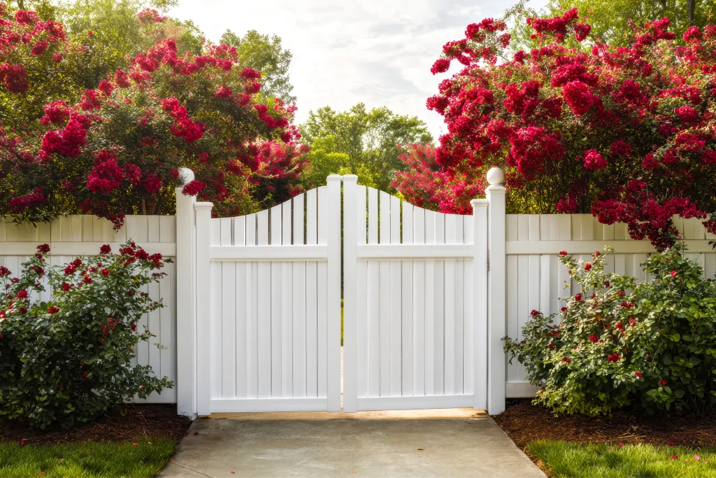 white garden gate surrounded by blooming pink and red roses with lush greenery in the background photo 1